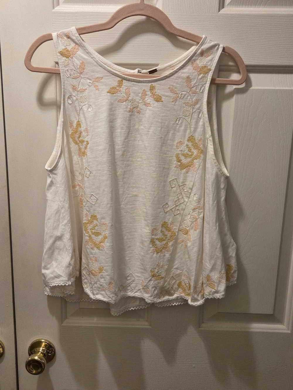 Free People White Tank with Yellow & Peach Floral Embroidery